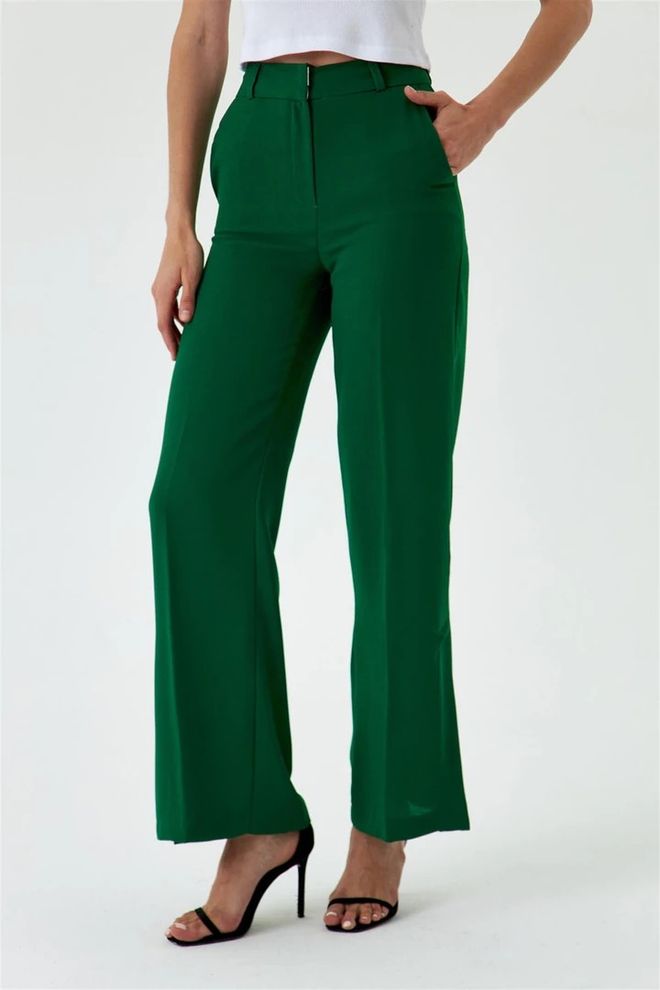 Tuba Pantalon Femme Large Fendu Détaillé Vert Émeraude Vêtements en gros Décontracté