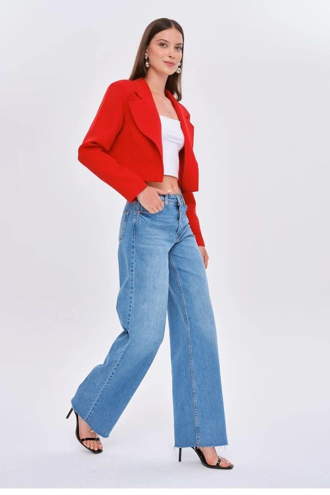 Tuba Padded Blazer Crop Women's Jacket Red Wholesale Clothing Polyester
