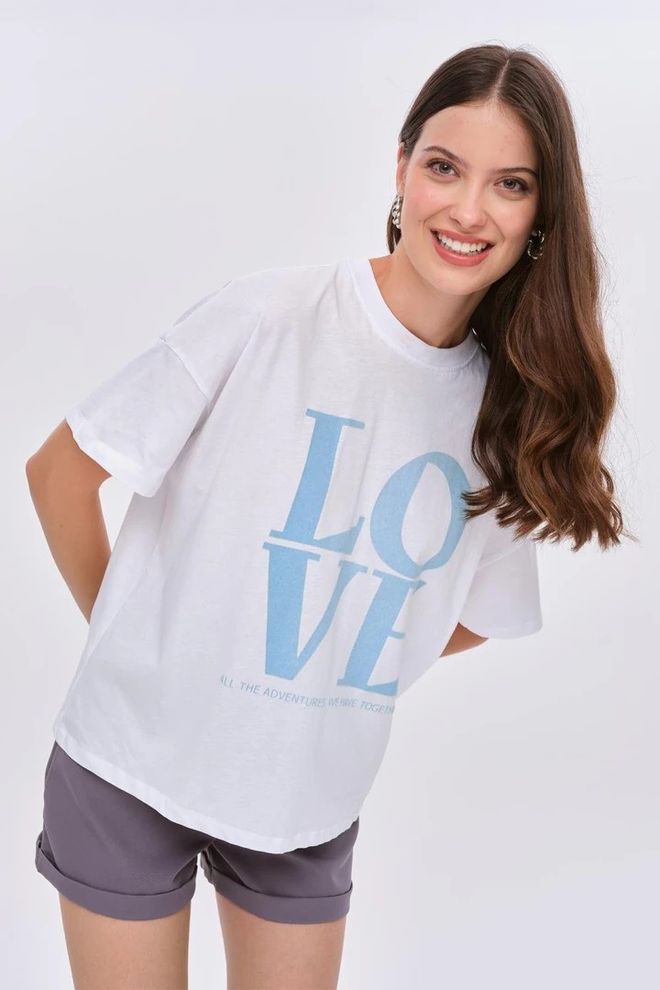 Tuba Γυναικείο T Shirt Crew Neck Love Εμπριμέ Μπλε Λευκό Χονδρικό εμπόριο ενδυμάτων Casual