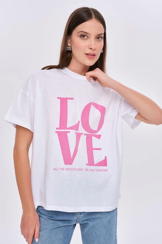 Tuba Γυναικείο T shirt Crew Neck Love Printed Ροζ Λευκό Χονδρικό εμπόριο ενδυμάτων Casual