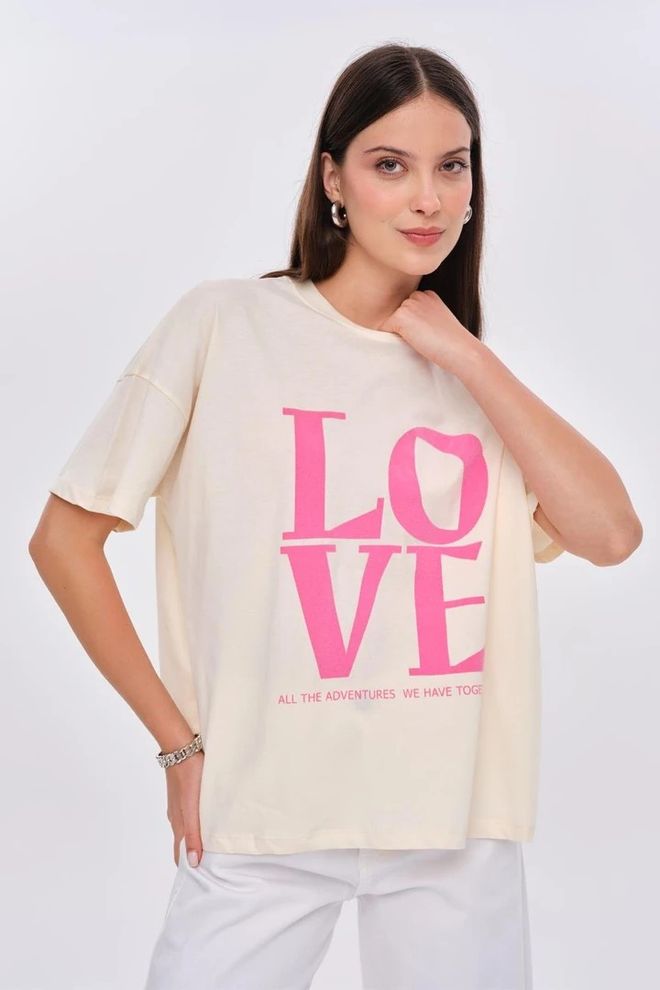 Tuba Γυναικείο T Shirt Κρέμα Crew Neck Love Printed Ροζ Χονδρικό εμπόριο ενδυμάτων Casual