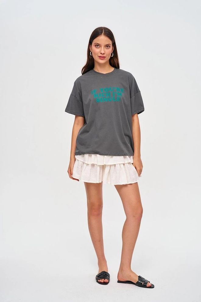 Tuba Γυναικείο Μπλουζάκι Oversize Crew Neck Με Στάμπα Καπνιστό Χονδρικό εμπόριο ενδυμάτων Casual