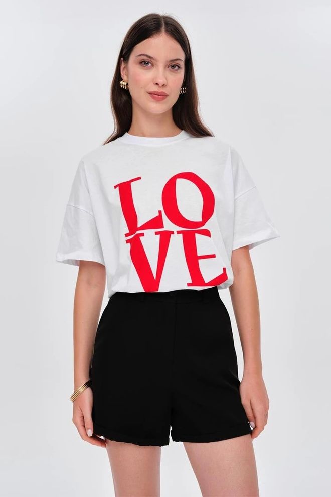 Tuba Κόκκινο Γυναικείο Μπλουζάκι Crew Neck Love Με Στάμπα Λευκό Χονδρικό εμπόριο ενδυμάτων Casual