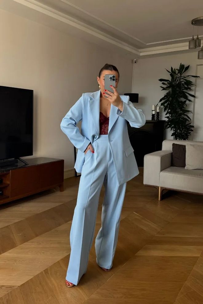 Tuba Ženske Hlače Palazzo Z Visokim Pasom Modre Oblačila na debelo Plaža