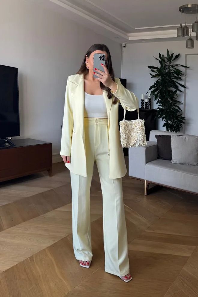Tuba Pantalon Palazzo Taille Haute Pour Femme Jaune Vêtements en gros Élégant