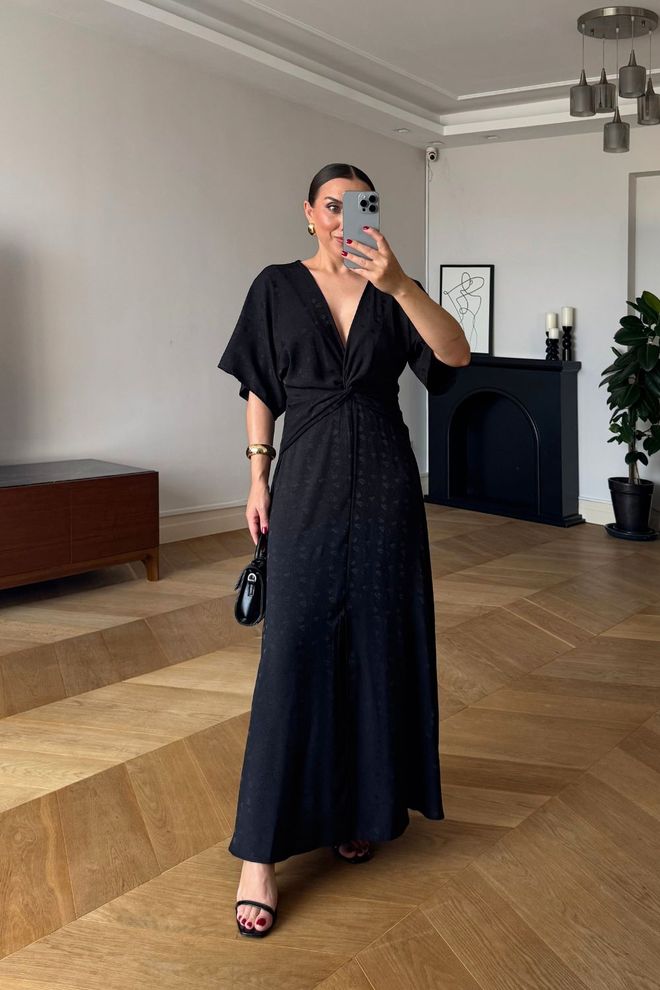 Tuba Elegant Black Wrap Dress With Plunging Neck Wholesale Clothing Formal