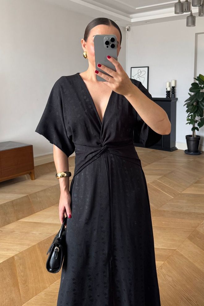 Tuba Elegant Black Wrap Dress With Plunging Neck Wholesale Clothing 1