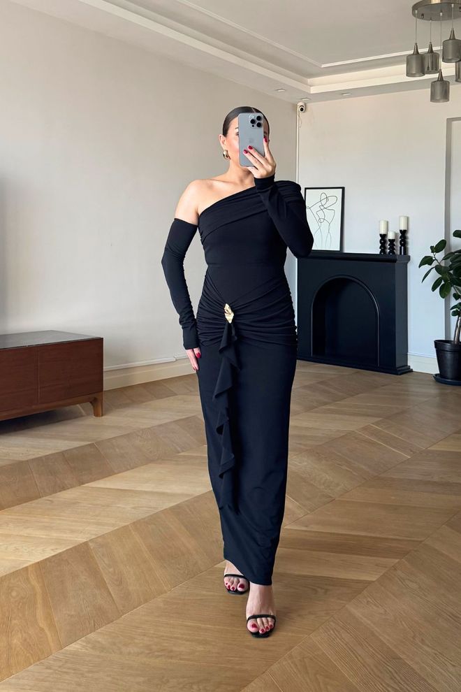 Tuba Black Elegant Bodycon Dress With One Shoulder Neck Wholesale Clothing Spring