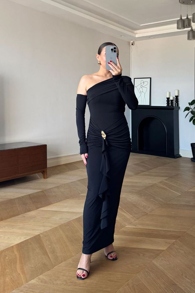 Tuba Black Elegant Bodycon Dress With One Shoulder Neck Wholesale Clothing Cocktail