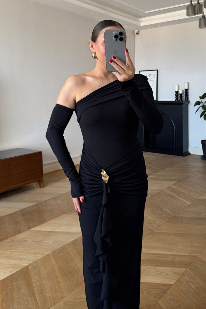 Tuba Black Elegant Bodycon Dress With One Shoulder Neck Wholesale Clothing 1