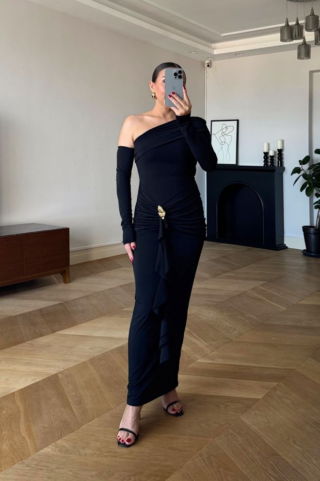 Tuba Siyah Zarif Bodycon Elbise Tek Omuz Dekolteli Toptan Giyim Nostaljik
