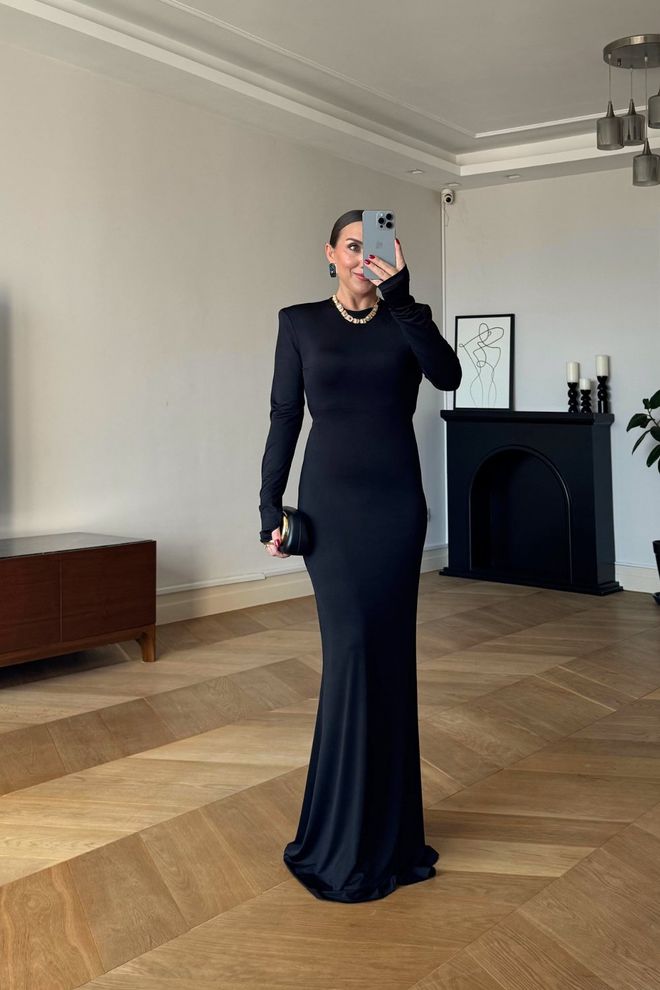 Tuba Siyah Zarif Bodycon Elbise Uzun Kollu Toptan Giyim Tesettür