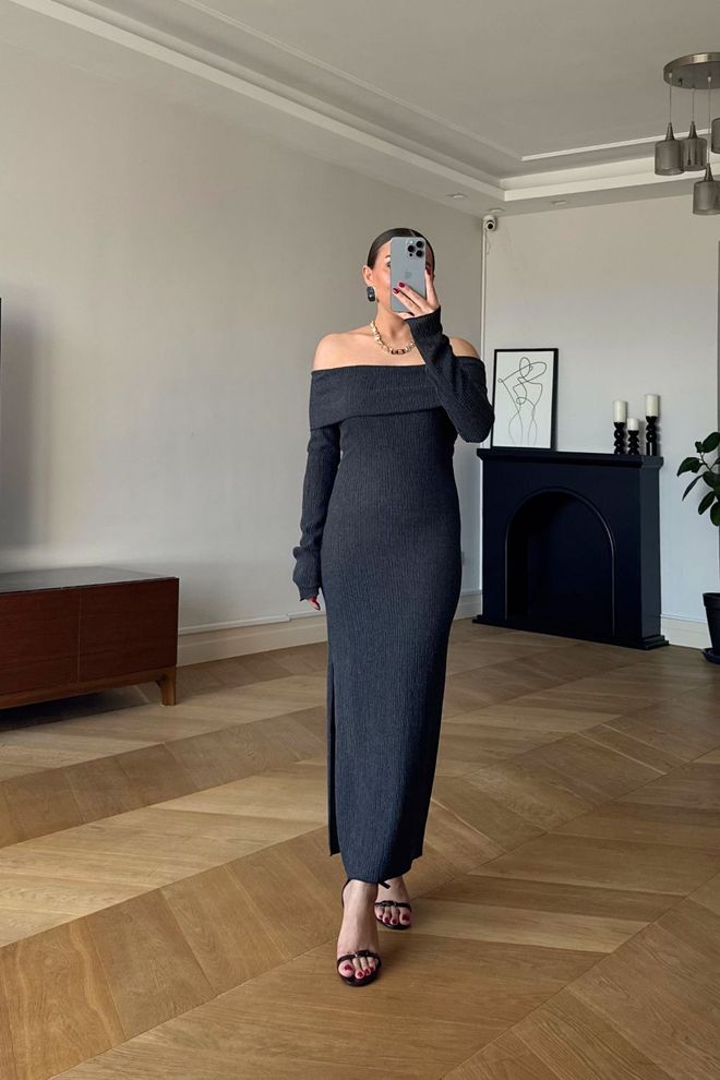 Tuba Zarif Siyah Bodycon Elbise Yer Hizasında Toptan Giyim Seksi