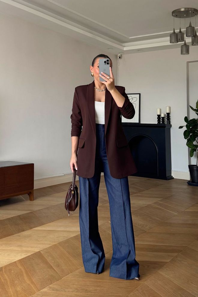 Tuba Kahverengi Tek Düğmeli Blazer Ceket Toptan Giyim Gündelik