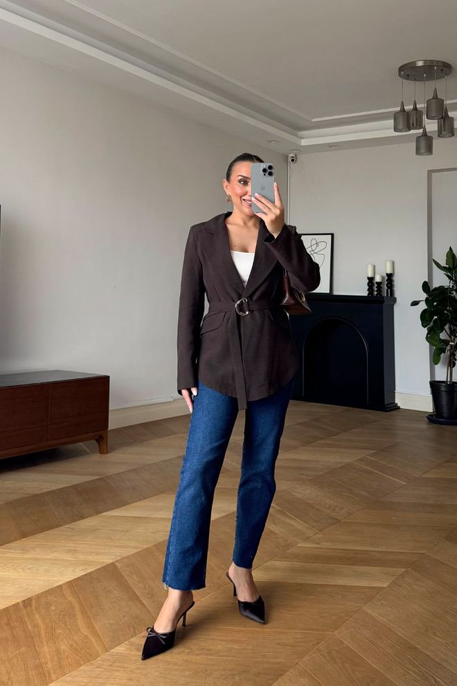 Tuba Ceket Kahverengi Tek Düğmeli Blazer Toptan Giyim Gündelik