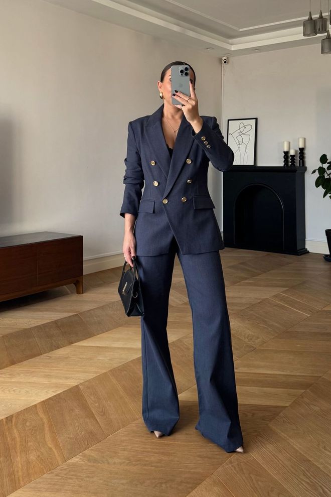 Ilia Navy Blue Double Breasted Blazer Jacket Wholesale Clothing Spring