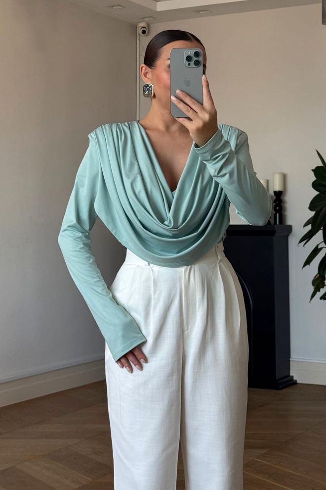 Tuba Blue Elegant Slim Fit Shirt With Cowl Neck Wholesale Clothing Casual