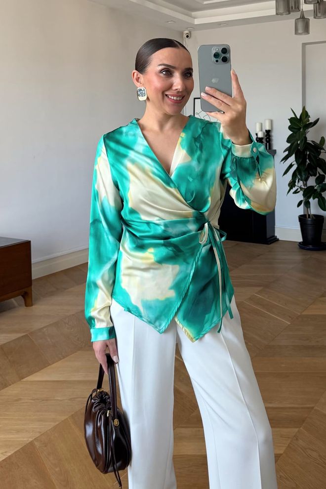 Tuba Green Mix Color Elegant Tie Shirt Wholesale Clothing Casual