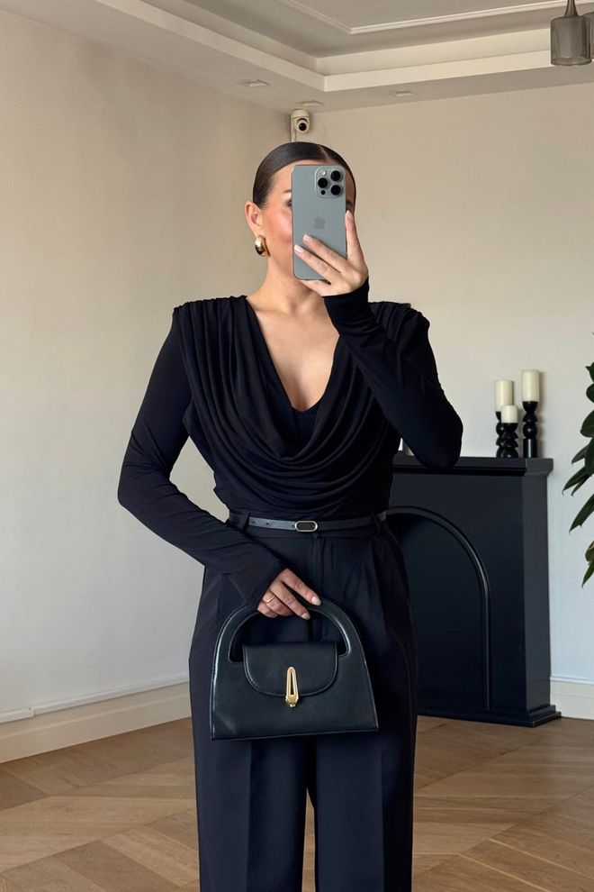 Tuba Elegant Black Slim Fit Shirt With Cowl Neck Wholesale Clothing Sexy