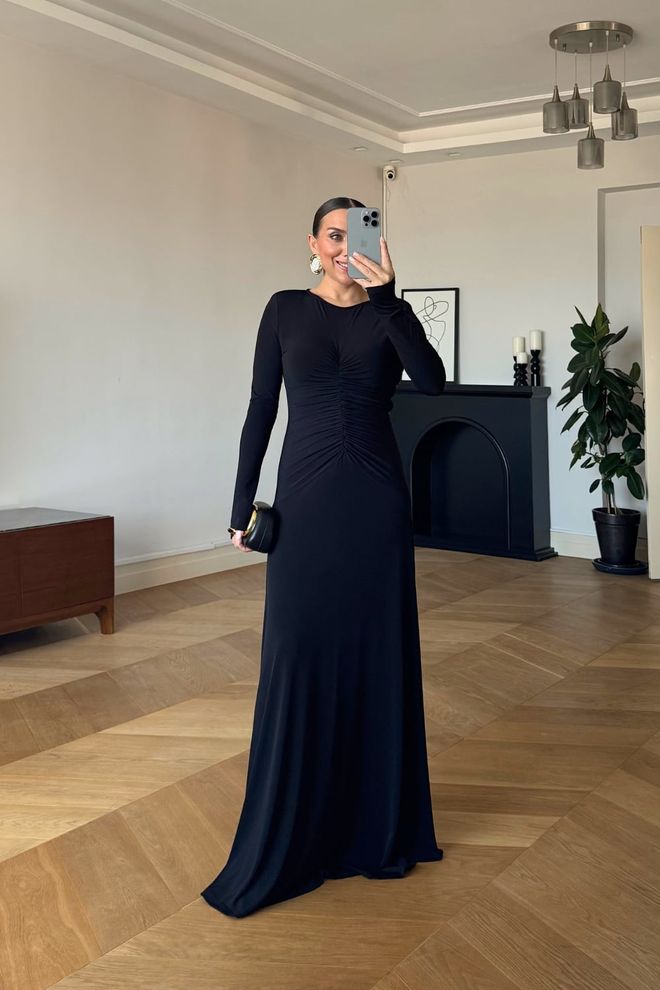 Tuba Elegant Black Bodycon Floor Length Dress Wholesale Clothing Modest