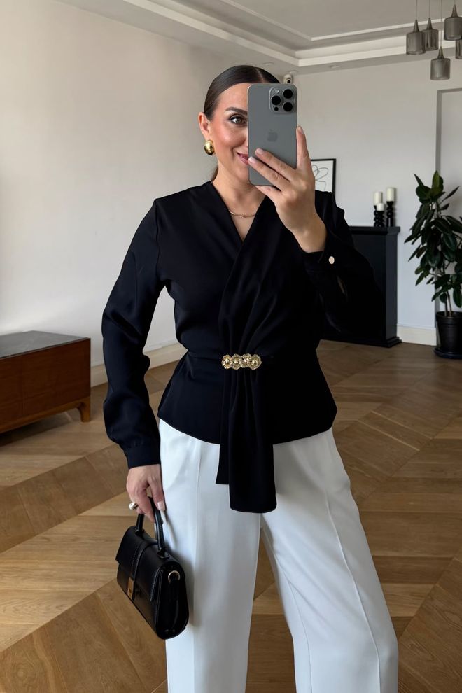 Tuba Black Slim Fit V Neck Buttoned Shirt Wholesale Clothing 1