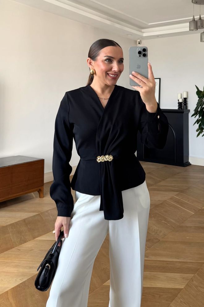 Tuba Chemise Noire Slim Fit À Col En V Et Boutons Vêtements en gros Décontracté