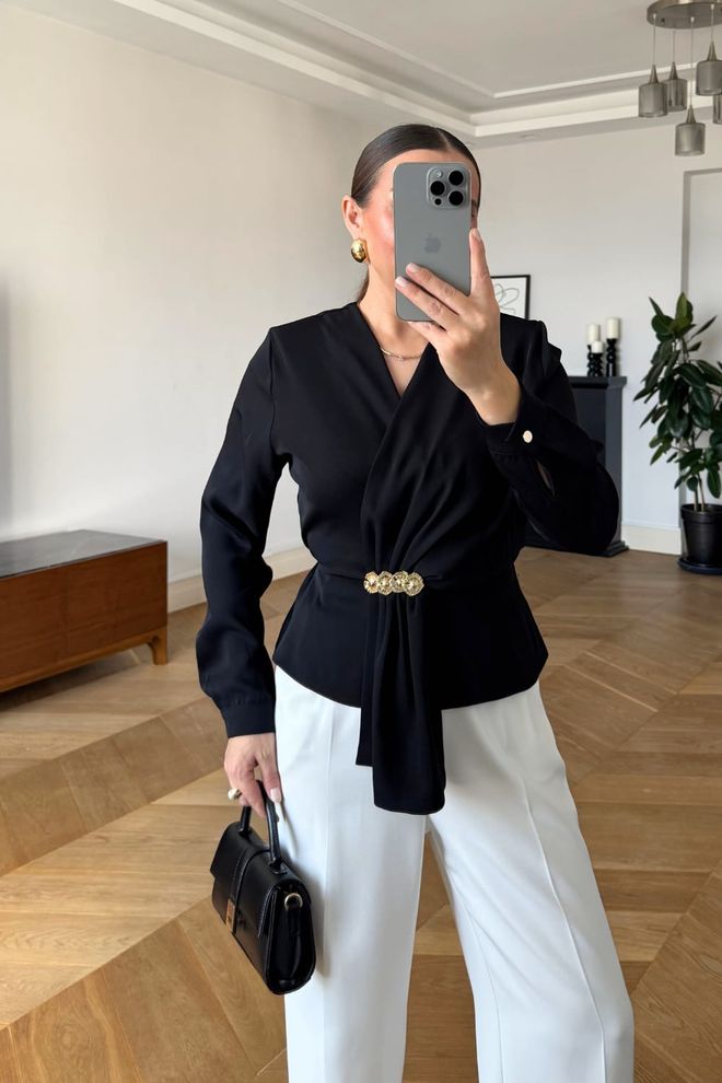 Tuba Black Slim Fit V Neck Buttoned Shirt Wholesale Clothing Work