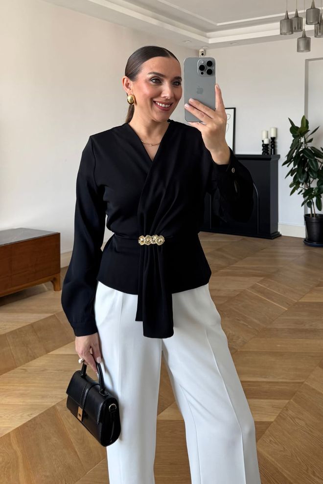 Tuba Black Slim Fit V Neck Buttoned Shirt Wholesale Clothing Vintage