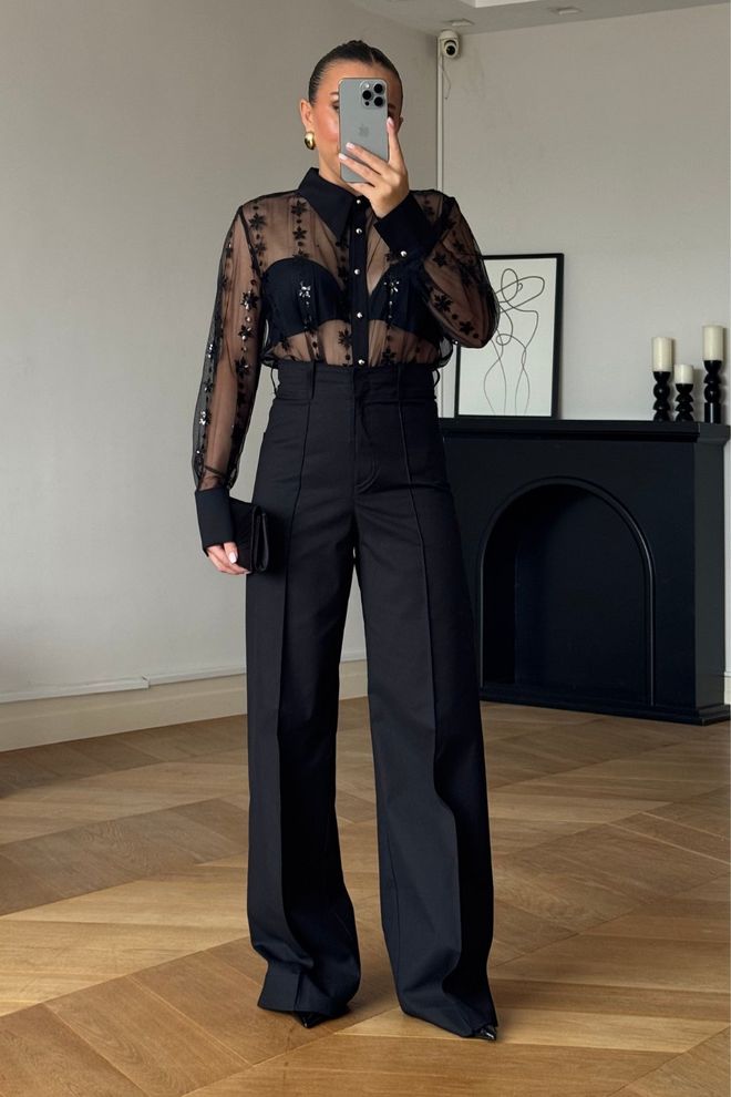 Tuba Pantalon Noir Élégant Formel À Jambe Large Fuselée Vêtements en gros Travail