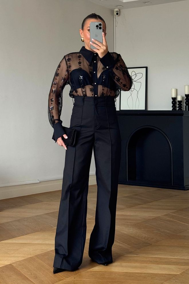 Tuba Pantalon Noir Élégant Formel À Jambe Large Fuselée Vêtements en gros 1
