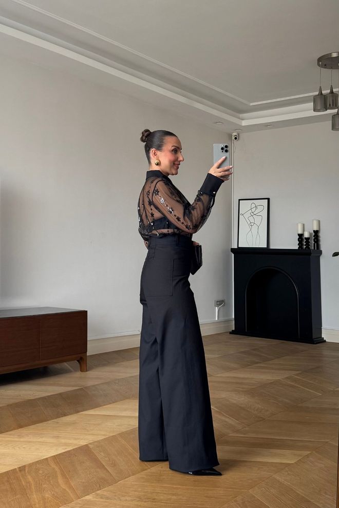 Tuba Pantalon Noir Élégant Formel À Jambe Large Fuselée Vêtements en gros Élégant