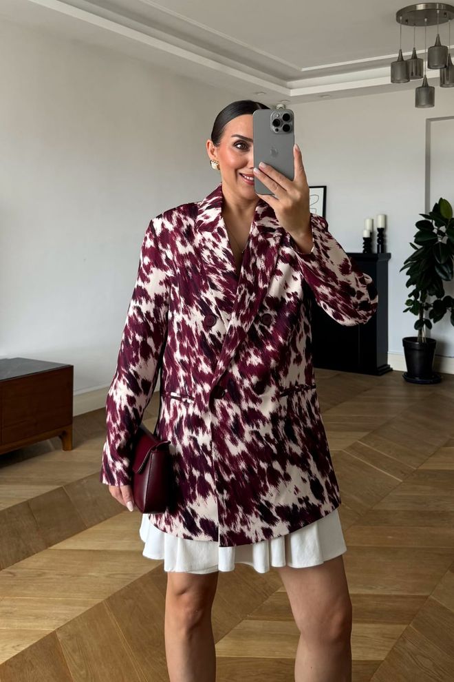 Tuba Patterned Blazer Women's Jacket Burgundy Wholesale Clothing 0
