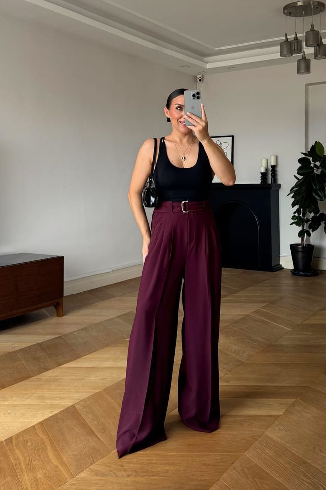 Tuba Bordeauxrood Palazzo Broek Met Gesp Sluiting Groothandel Kleding Casual