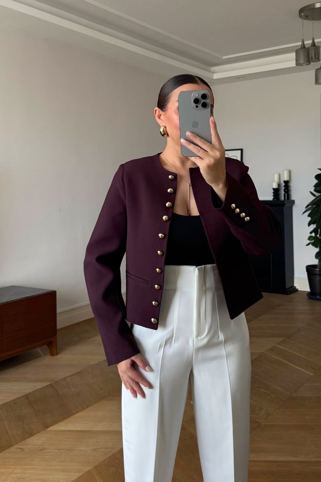 Tuba Jas Bordeauxrood Elegante Blazer Met Één Rij Knopen Groothandel Kleding Casual