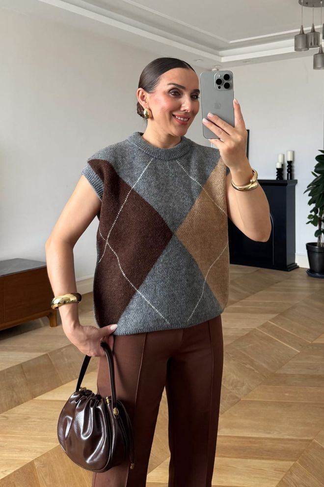 Tuba Hnedý Kockovaný Sveter S Cap Rukávmi Veľkoobchod s oblečením Neformálny
