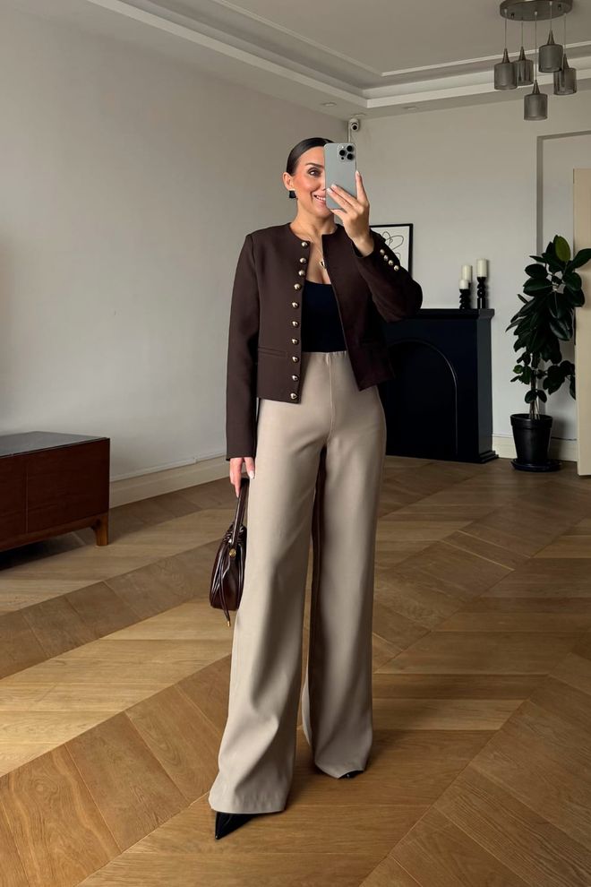 Tuba Μπεζ Παντελόνι Palazzo Με Ψηλή Μέση Και Φαρδύ Πόδι Χονδρικό εμπόριο ενδυμάτων Casual