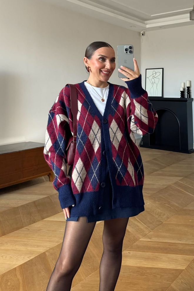 Tuba Bordová Sveter Voľný Strih V výstrih Argyle Veľkoobchod s oblečením Neformálny