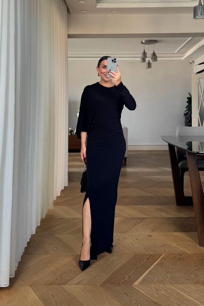 Tuba Şık Siyah Bodycon Elbise 3/4 Kollu Toptan Giyim Seksi