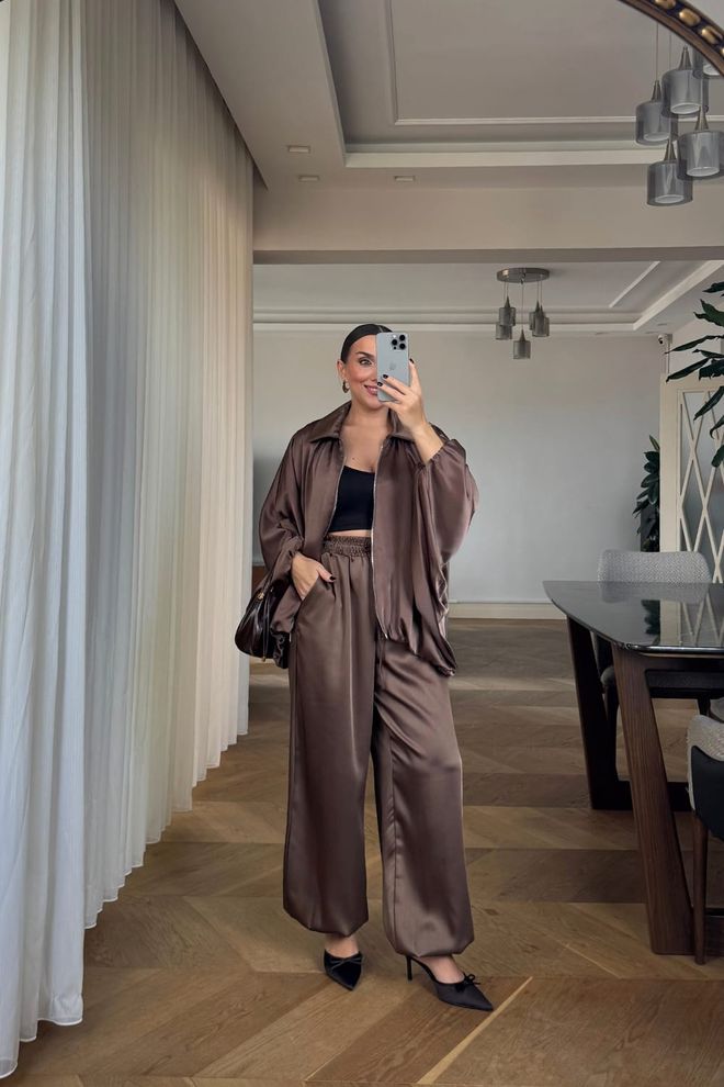 Tuba Kahverengi Oversized Palazzo Set Toptan Giyim Gündelik