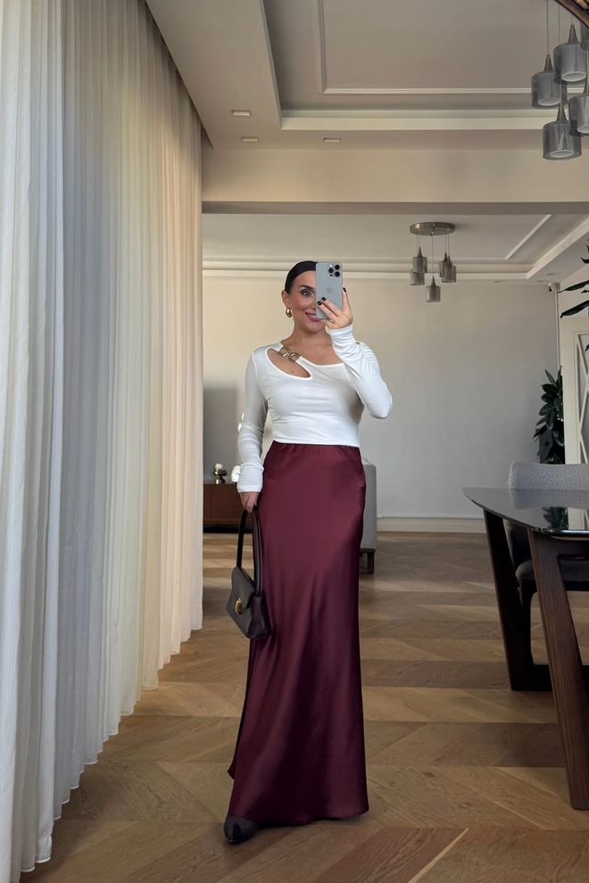 Tuba Vermelho Clarete Saia Maxi Elegante Slip Roupas por atacado 1