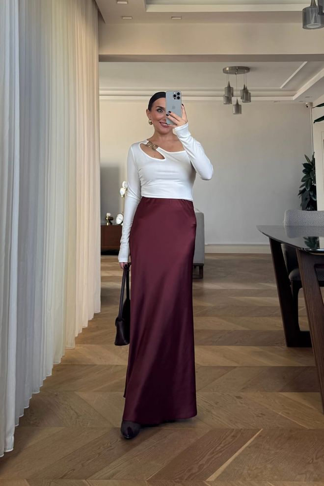 Tuba Vermelho Clarete Saia Maxi Elegante Slip Roupas por atacado Trabalho