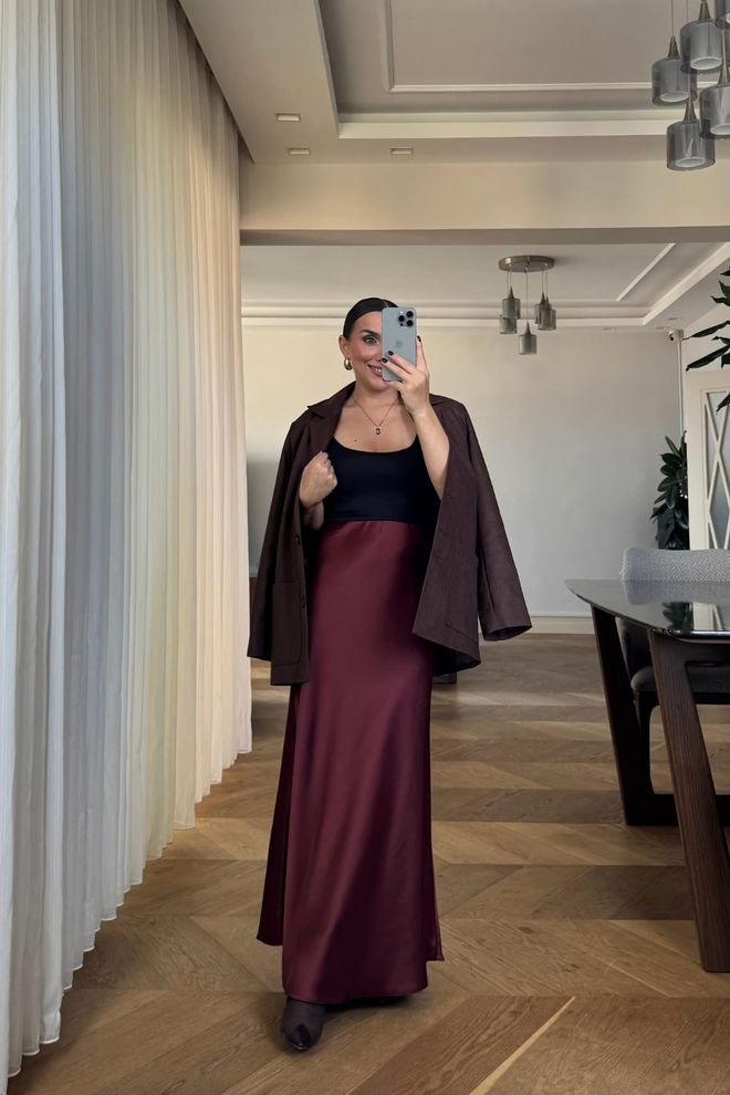 Tuba Vermelho Clarete Saia Maxi Elegante Slip Roupas por atacado 5