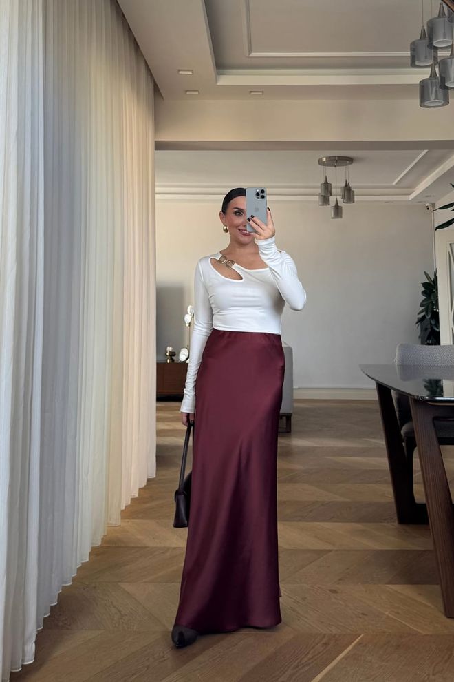 Tuba Vermelho Clarete Saia Maxi Elegante Slip Roupas por atacado Sensual