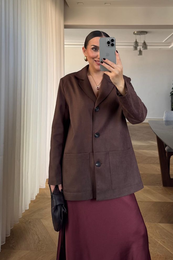 Tuba Kahverengi Ceket Tek Düğmeli Blazer Çentikli Yakalı Toptan Giyim Gündelik