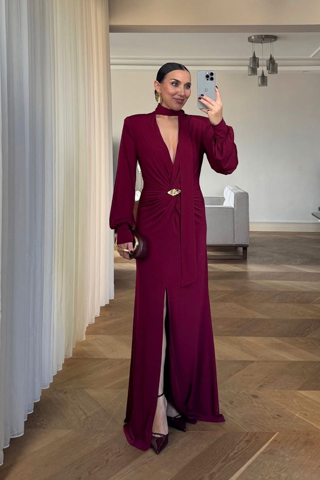 Tuba Elegant Claret Red Wrap Dress With Plunging Neck Wholesale Clothing Spring