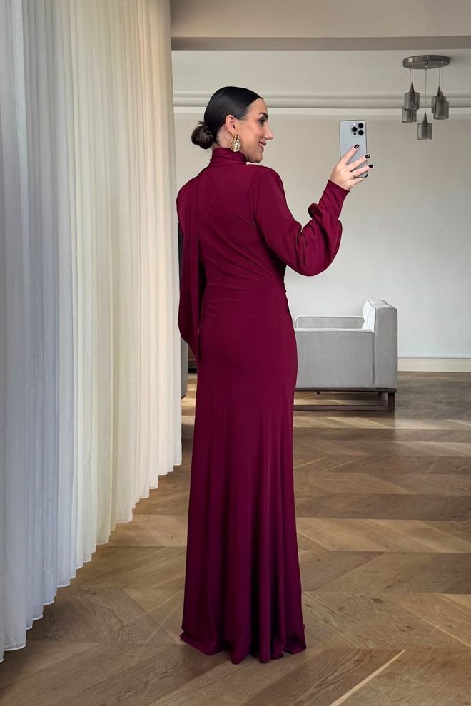 Tuba Elegant Claret Red Wrap Dress With Plunging Neck Wholesale Clothing 5