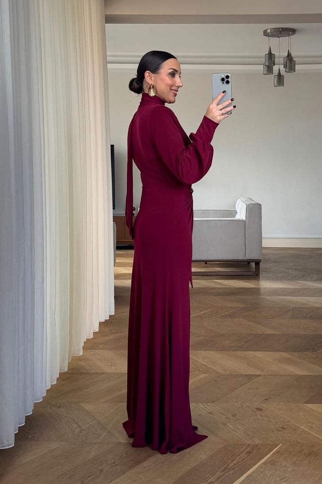 Tuba Elegant Claret Red Wrap Dress With Plunging Neck Wholesale Clothing Formal