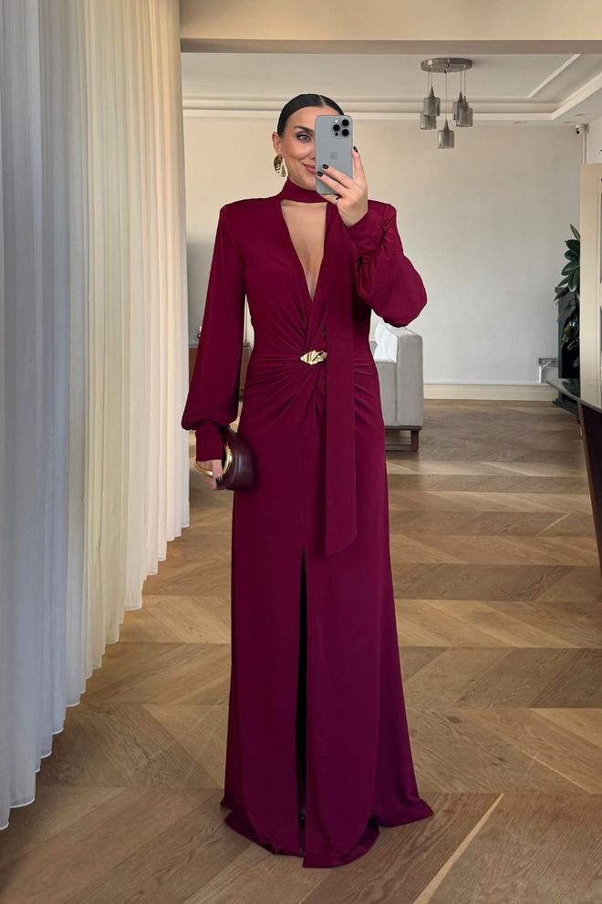 Tuba Elegant Claret Red Wrap Dress With Plunging Neck Wholesale Clothing Christmas