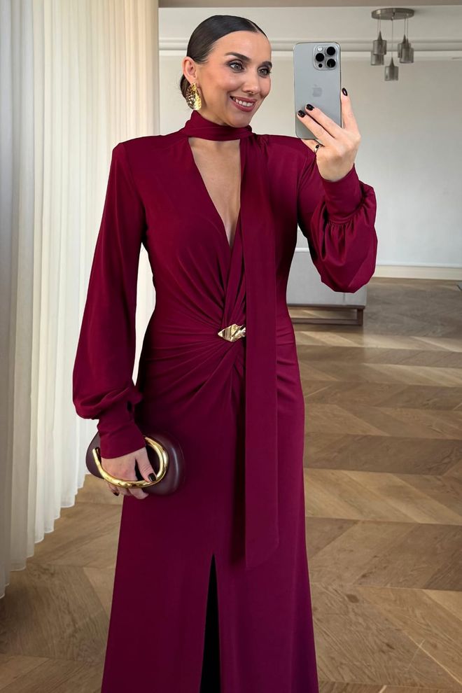 Tuba Elegant Claret Red Wrap Dress With Plunging Neck Wholesale Clothing 1
