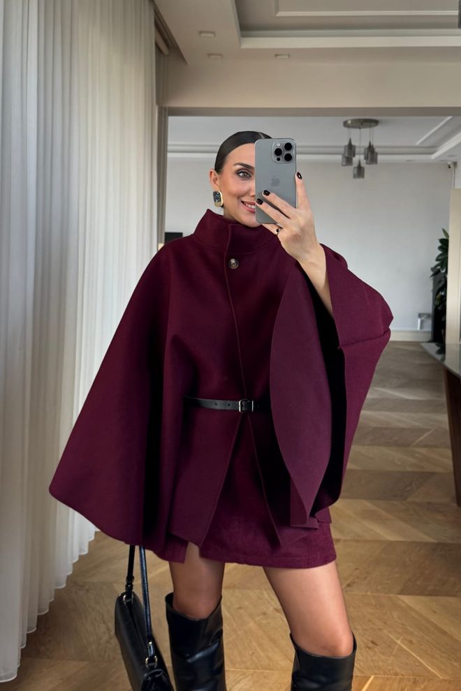 Tuba Poncho De Caxemira Com Cinto Borgonha Roupas por atacado 1
